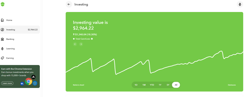 Screenshot of my Acorns investing dashboard showing $2,964 balance and 18% total gain