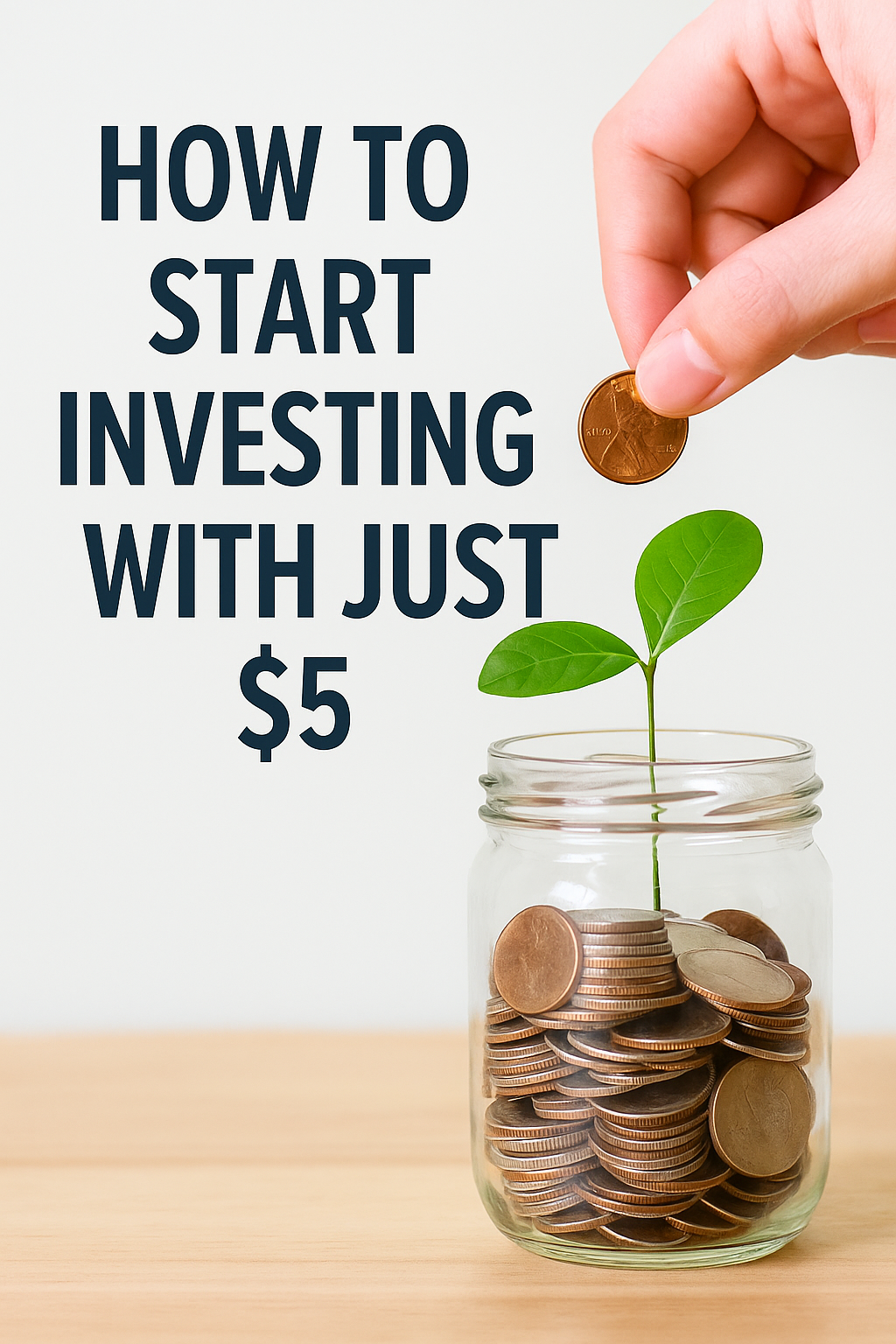 Start investing with $5 concept featuring a mason jar filled with coins, a green plant sprout, and a hand placing a penny inside